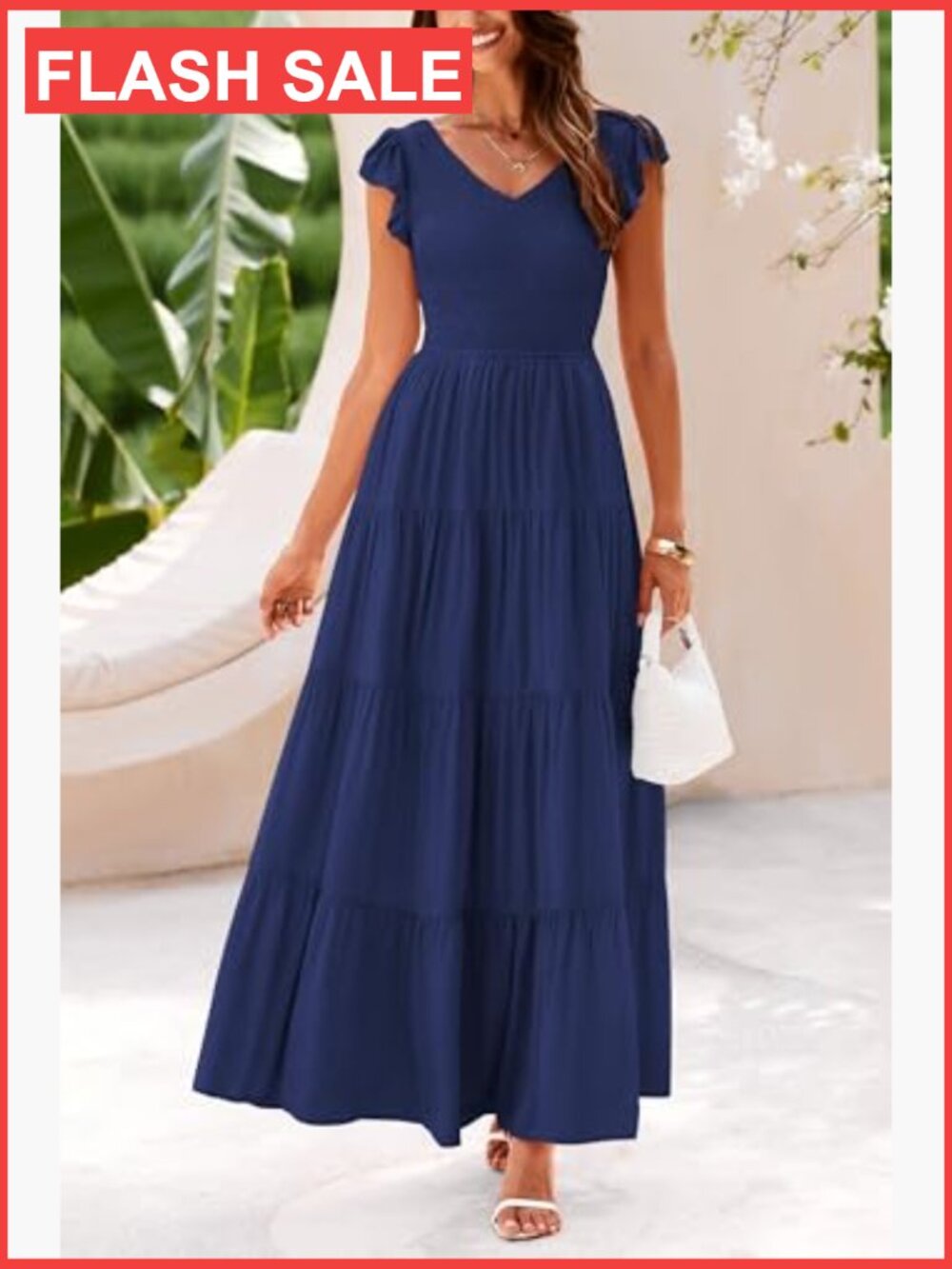 Women's Smocked Flowy Maxi Dress V-Neck Cap Sleeve A-Line Summer - Picture 3 of 7